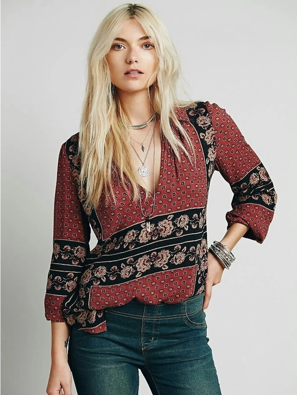 Free People Dobby Changing Times Floral Print V-Neck Blouse Size Large